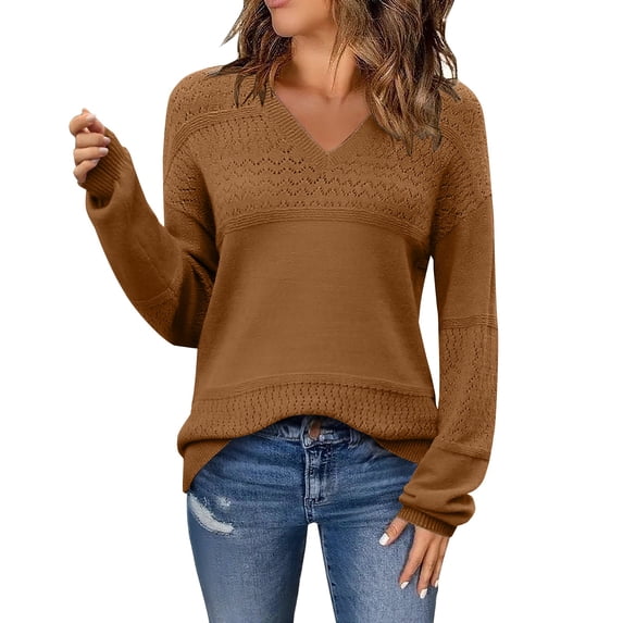 ManxiVoo Women's V Neck Lightweight Crochet Knit Pullover Long Sleeve Ribbed Casual Sweater Fall Fashion Top XL Size Coffee