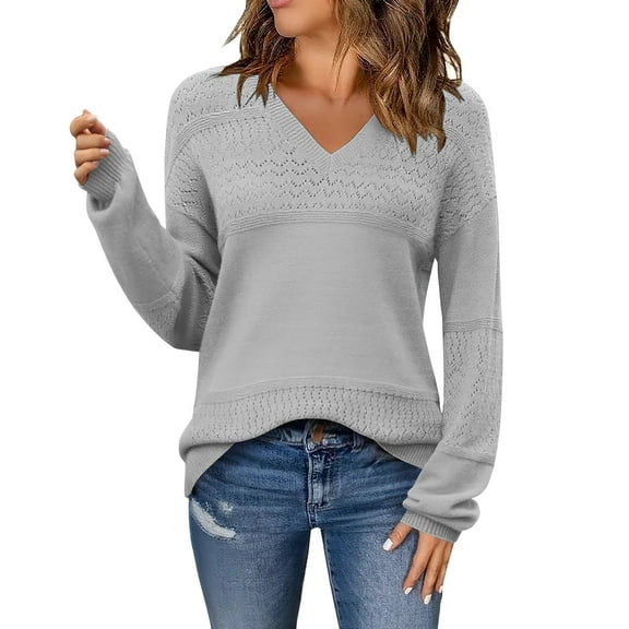 ManxiVoo Women's V Neck Lightweight Crochet Knit Pullover Long Sleeve Ribbed Casual Sweater Fall Fashion Top XXXL Size Grey