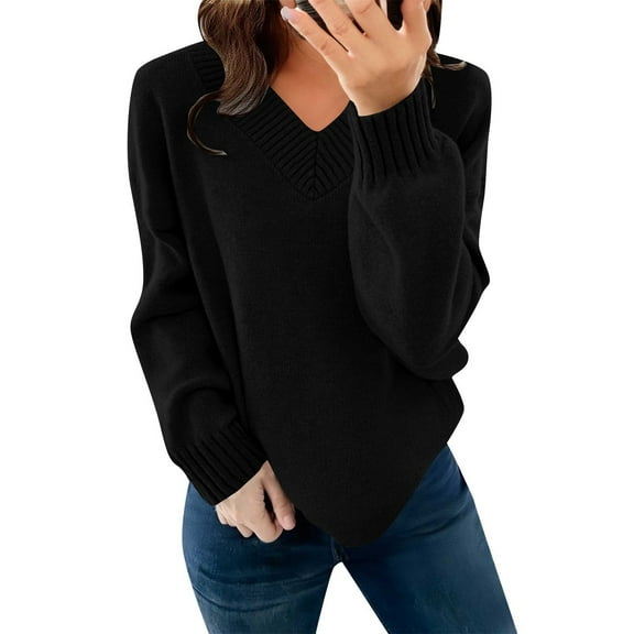 ManxiVoo Women's V-Neck Pullover Sweater Soft Wool Blend Loose Fit Lightweight Layer Comfort Stretch Knit Top M Size Black