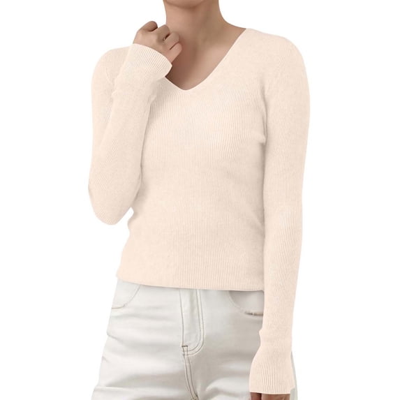 ManxiVoo Women's V-Neck Ribbed Knit Sweater Slim Fit Winter Soft Stretch Comfortable Versatile Layering Top L Size Beige