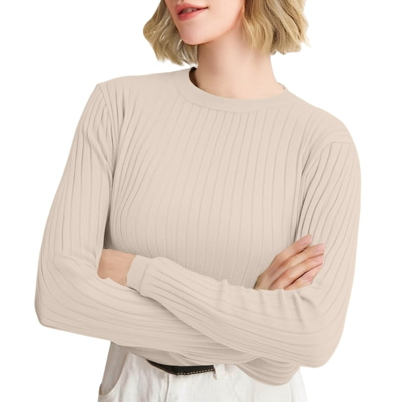 ManxiVoo Women's Versatile Striped Round Neck Knit Sweater Soft Warm Layering Top for Autumn Winter L Size Beige