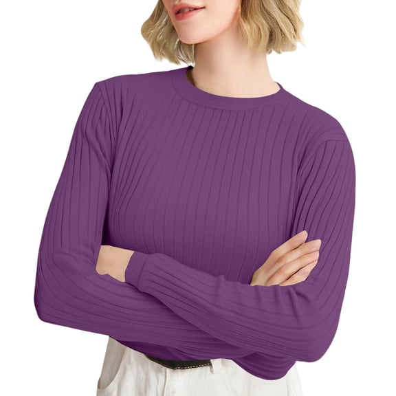 ManxiVoo Women's Versatile Striped Round Neck Knit Sweater Soft Warm Layering Top for Autumn Winter XXL Size Dark Purple