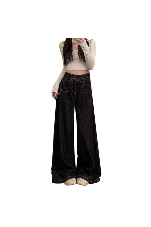 Women's Vintage High Waist Button Fly Wide Leg Jeans Stretchy Comfort Straight Loose Fit Denim Trousers L Size Black