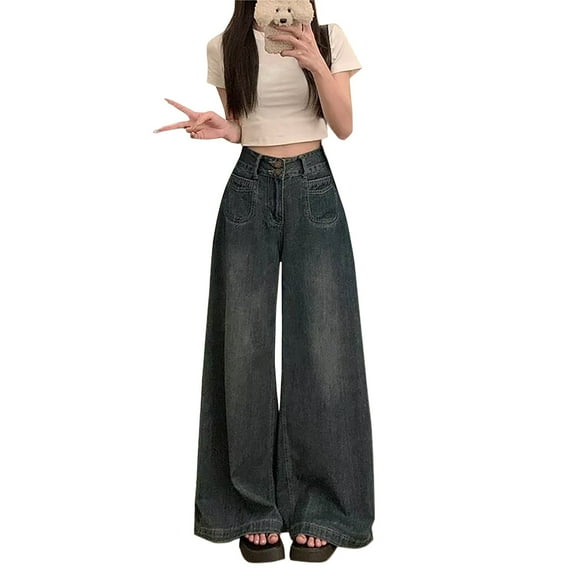 ManxiVoo Women's Vintage High Waist Button Fly Wide Leg Jeans Stretchy Comfort Straight Loose Fit Denim Trousers XXL Size Dark Blue