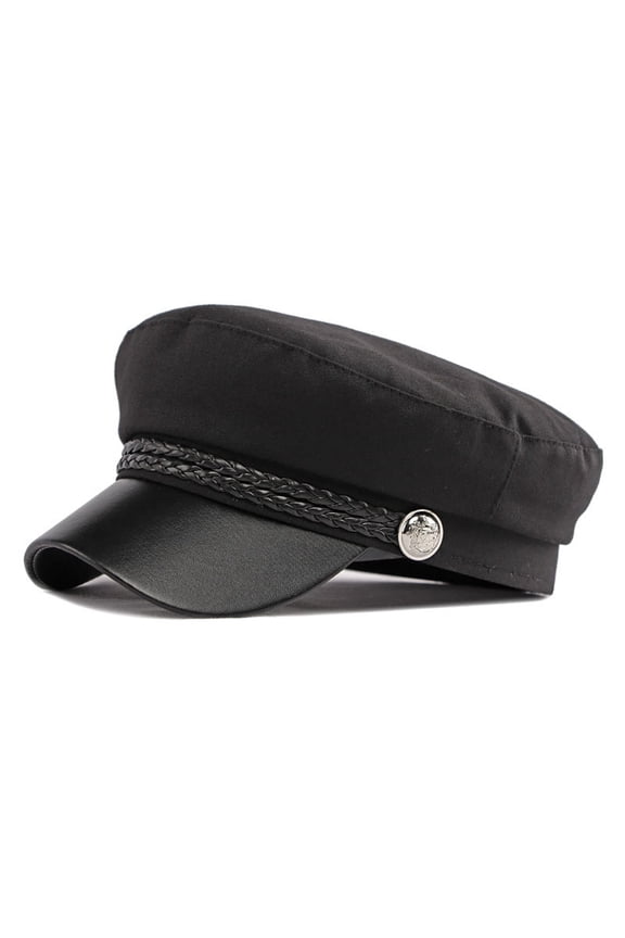 Women's Vintage Style Flat Top Cap with Classic Brim Two Tone Design Adjustable Headband for Smart Casual Wear Black