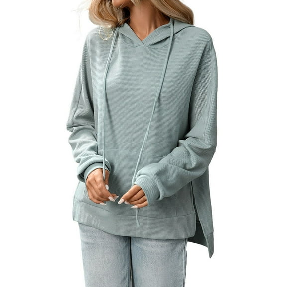 ManxiVoo Women's Waffle Knit Hoodie Long Sleeve Pullover with Pocket Casual Oversized Top XL Size