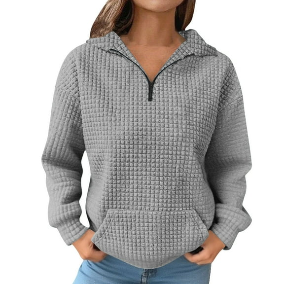 ManxiVoo Women's Waffle Knit Long Sleeve Half Zip Pullover with Pocket Autumn Winter Casual Comfortable Top XL Size Grey