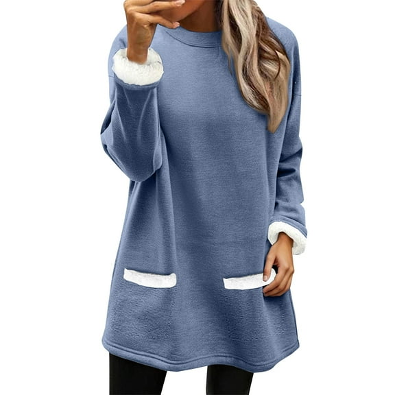 ManxiVoo Women's Warm Lined Crewneck Long Sleeve Shirt Casual Comfort Fit Relaxed Thermal Style Top XXXL Size Blue