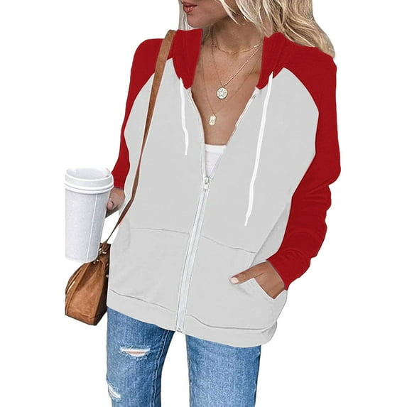 ManxiVoo Women's Y2K Streetwear Zip Up Hoodie with Drawstring Long Sleeve Casual Top M Size Red