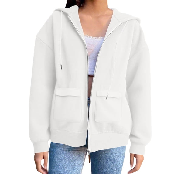 ManxiVoo Women's Zip Front Hooded Sweatshirt Oversized Pullover Jacket Athletic Training Wear Comfortable Casual Style XL Size White