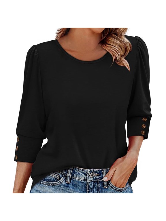 Womens 3/4 Sleeve Button Front Blouse Round Neck Casual Top Plus Size Comfortable Spring Summer Beach Outfit Essential L Size Black