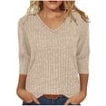 thumbnail image 1 of ManxiVoo Womens Brushed Striped V Neck Tee Shirt Artistic Retro Inspired Three Quarter Sleeve Top L Size Beige, 1 of 7