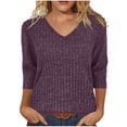 thumbnail image 1 of ManxiVoo Womens Brushed Striped V Neck Tee Shirt Artistic Retro Inspired Three Quarter Sleeve Top XL Size Purple, 1 of 7