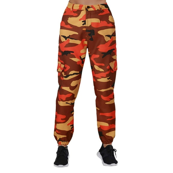 ManxiVoo Womens Cargo Pants Elastic Waist Joggers Casual Outdoor Trousers with Multiple Pockets Comfortable Utility Harem Pants for Daily Street Wear L Size Orange