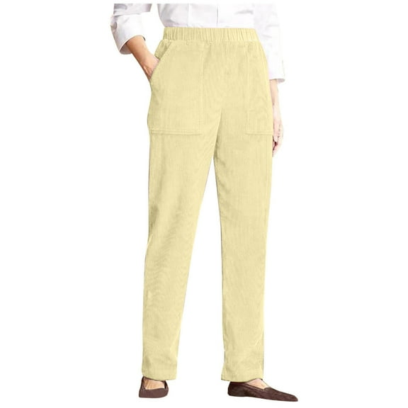 ManxiVoo Womens Casual Corduroy Pants with Elastic Waist Straight Leg Design Comfort Fit Ribbed Textured Everyday Trousers M Size Beige