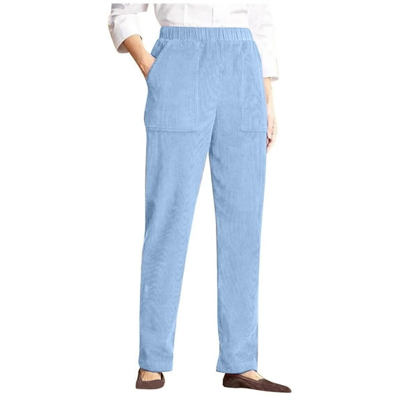 ManxiVoo Womens Casual Corduroy Pants with Elastic Waist Straight Leg Design Comfort Fit Ribbed Textured Everyday Trousers XXXL Size Light Blue