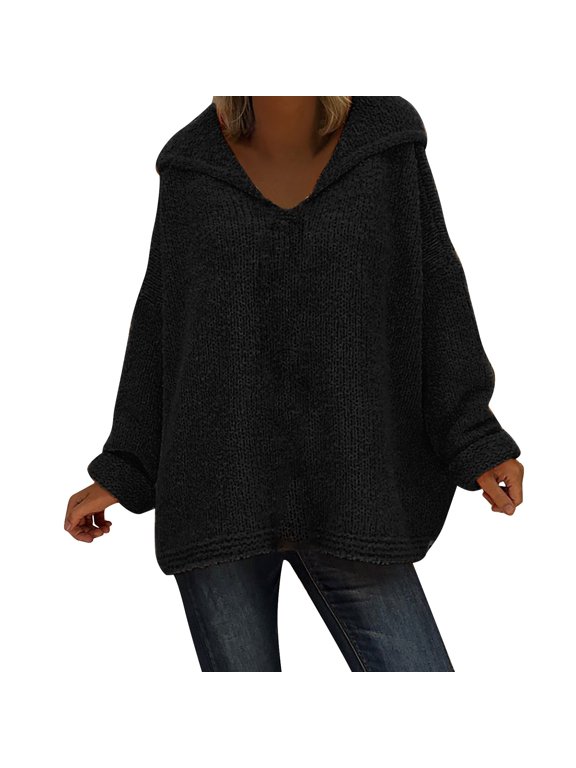 Womens Casual Knitted Pullover Top with Hood Comfortable Loose Fit Sweater for Everyday Fall Fashion 2025 L Size Black