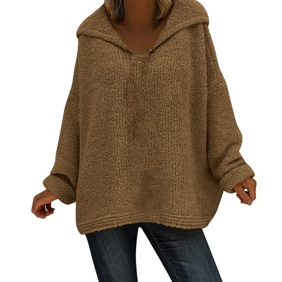 ManxiVoo Womens Casual Knitted Pullover Top with Hood Comfortable Loose Fit Sweater for Everyday Fall Fashion 2025 M Size Brown
