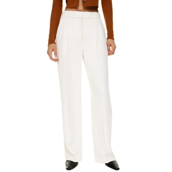 ManxiVoo Womens Casual Wide Leg Dress Pants High Waist Tailored Trousers with Pockets Comfortable Office Work Formal Wear Straight Cut Comfort Fit M Size White