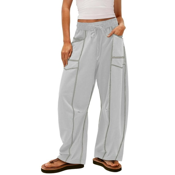 ManxiVoo Womens Drawstring Waist Wide Leg Sweatpants Casual Multi Pocket Summer Relaxed Fit Lounge Pants XL Size Grey