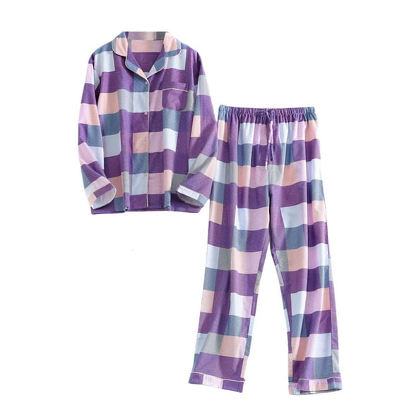 ManxiVoo Womens Flannel Pajama Set Brushed Cotton Button Down Top with Pants Cozy Sleepwear and Loungewear for Cold Weather XXXL Size Purple