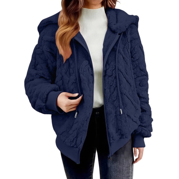 ManxiVoo Womens Fleece Jacket Stand Collar Zip up Winter Plush Soft Outerwear Minimalist Oversized Coat for Casual Comfort S Size Navy