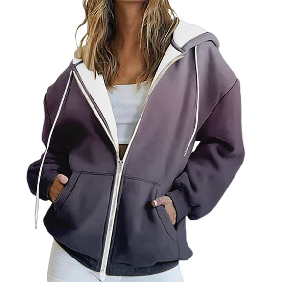 ManxiVoo Womens Full Zip Graphic Print Hooded Sweatshirt with Pockets Long Sleeve Casual Comfort Streetwear Jacket XL Size Purple