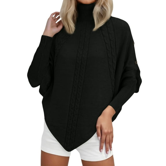 ManxiVoo Womens High Neck Cable Knit Sweater Long Sleeve Button Accent Loose Fit Comfortable Winter Fashion Top L Size Black