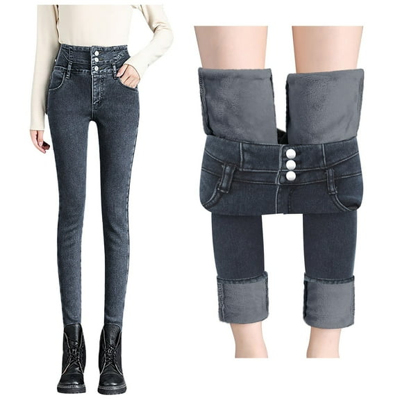 ManxiVoo Womens High Waist Loose Thickened Warm Straight Leg Jeans Long Pants for Comfortable Fit and Everyday Wear in Cool Weather L/28 Size