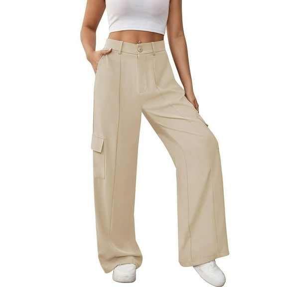 ManxiVoo Womens High Waist Wide Leg Cargo Pants with Multiple Pockets Loose Fit Trendy Trousers L Size Beige