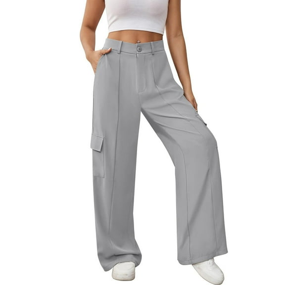 ManxiVoo Womens High Waist Wide Leg Cargo Pants with Multiple Pockets Loose Fit Trendy Trousers S Size Grey