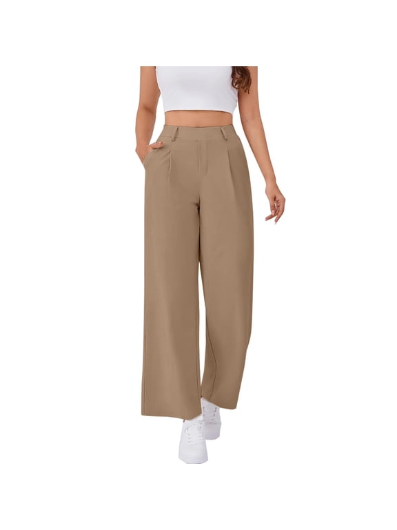 Womens High Waist Wide Leg Pull On Work Pants Stretchy Comfort Slacks for Outdoor L Size Brown