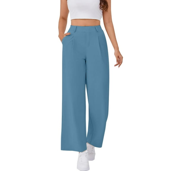 ManxiVoo Womens High Waist Wide Leg Pull On Work Pants Stretchy Comfort Slacks for Outdoor M Size Light Blue