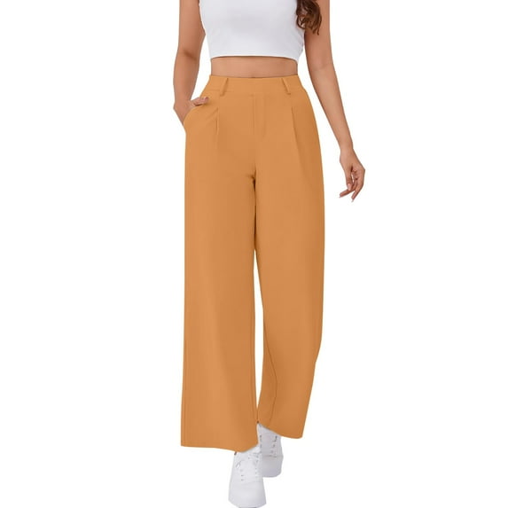 ManxiVoo Womens High Waist Wide Leg Pull On Work Pants Stretchy Comfort Slacks for Outdoor S Size Yellow