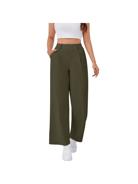 Womens High Waist Wide Leg Pull On Work Pants Stretchy Comfort Slacks for Outdoor XXL Size Green