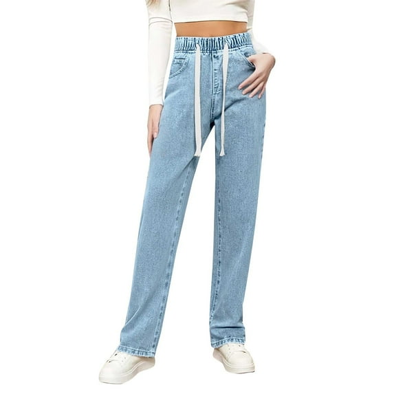 ManxiVoo Womens High Waist Wide Leg Trousers Flowy Loose Fit Stretchy Elastic Waistband Straight Leg Jeans L Size Light Blue