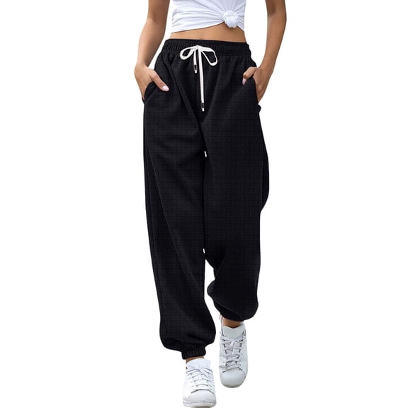 ManxiVoo Womens High Waisted Wide Leg Joggers with Pockets Comfortable Workout Trousers S Size Black