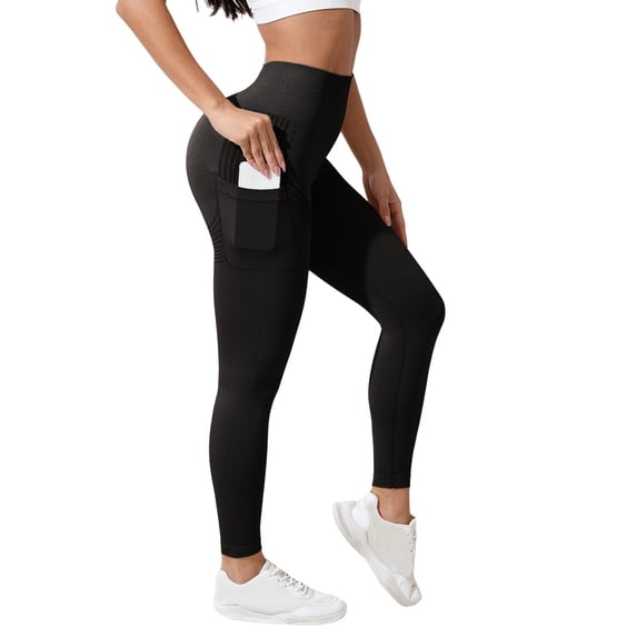ManxiVoo Womens High Waisted Yoga Pants with Side Pockets Tummy Control Lifting Fit Workout Leggings L Size Black