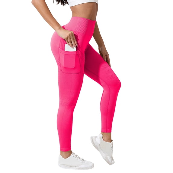 ManxiVoo Womens High Waisted Yoga Pants with Side Pockets Tummy Control Lifting Fit Workout Leggings M Size Hot Pink