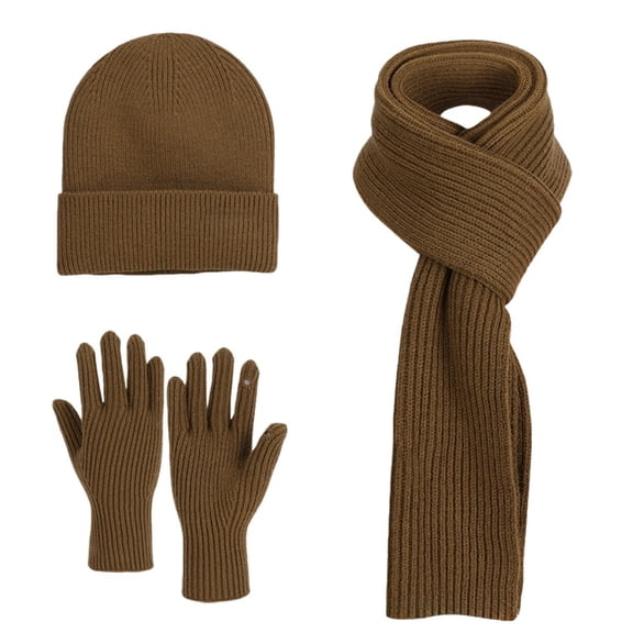ManxiVoo Womens Knit Hat Long Scarf And Gloves Set Soft Warm Winter Accessories Matching Set For Casual Outfit And Travel Brown