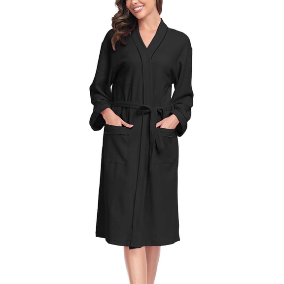 ManxiVoo Womens Lightweight Cotton Bathrobe Dressing Gown for Spa Hotel and All Seasons Home Wear Sleepwear Comfort M Size Black