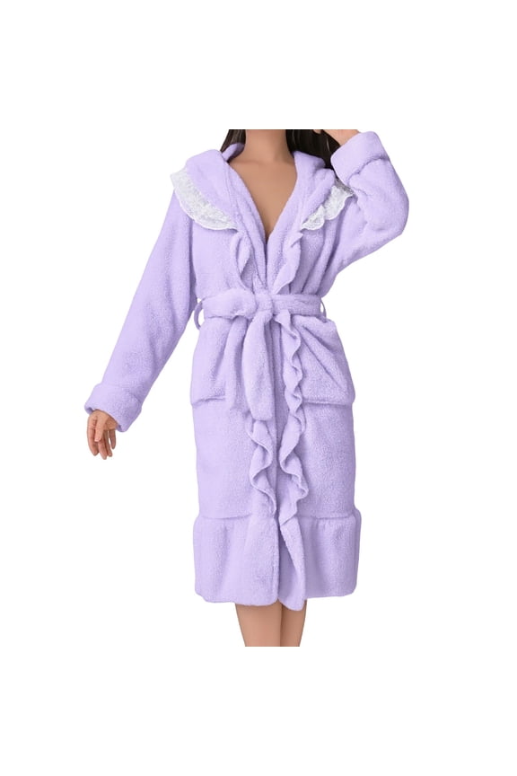 Womens Long Hooded Fleece Towelling Bathrobe Lightweight Dressing Gown for Sauna Spa and Cozy Home Lounge Wear XXL Size Purple