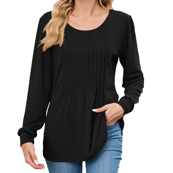ManxiVoo Womens Long Sleeve Crew Neck Blouse Pleated Detail Loose Fit Top Comfortable Spring Winter Shirt Everyday Chic Essential L Size Black