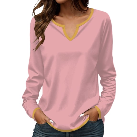 ManxiVoo Womens Long Sleeve V Neck Shirt in Contrast Stitching Detail for a Versatile Layering Piece and Office Wear XXL Size Hot Pink