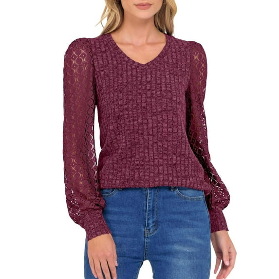 ManxiVoo Womens Patchwork V Neck Casual Top with Lace Up Sleeve Details and Versatile Layering Shirt S Size Wine