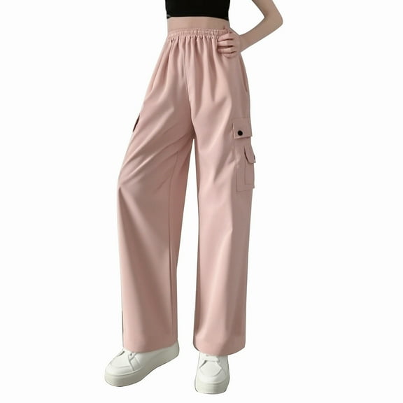 ManxiVoo Womens Relaxed Fit Cargo Pants Petite High Waist Loose Straight Leg Lightweight Casual Trousers XXL Size Pink