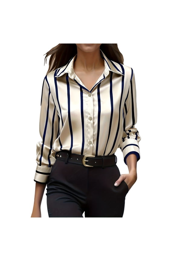 Womens Satin Button Down Shirt Long Sleeve Blouse Striped Workwear Professional Office Tops XXL Size Black
