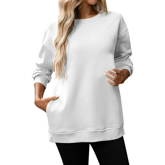 ManxiVoo Womens Soft Comfy Crewneck Sweatshirt Long Sleeve Loose Fit Pullover Top for Everyday Casual Wear L Size White