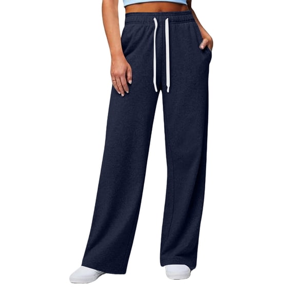 ManxiVoo Womens Straight Leg Casual Pants Elastic Waist Loose Fit Lounge Pants with Side Pockets for Daily Wear and Light Exercise L Size Navy