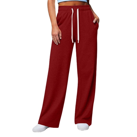 ManxiVoo Womens Straight Leg Casual Pants Elastic Waist Loose Fit Lounge Pants with Side Pockets for Daily Wear and Light Exercise M Size Wine
